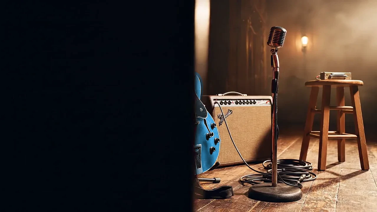 Guitars and vintage amplifiers on an empty blues stage